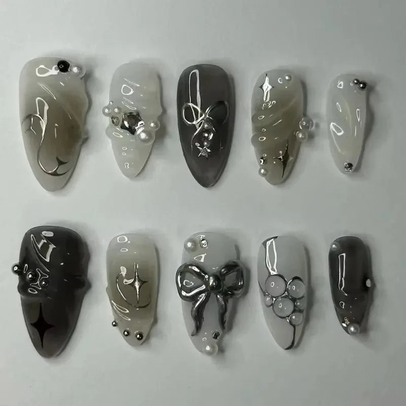24Pcs False Nails Spicy Girl Silver Bow with Diamond Fake Nails with Glue Almond Press on Nails Black Cool Y2k Almond Nail Set Good Vibrations