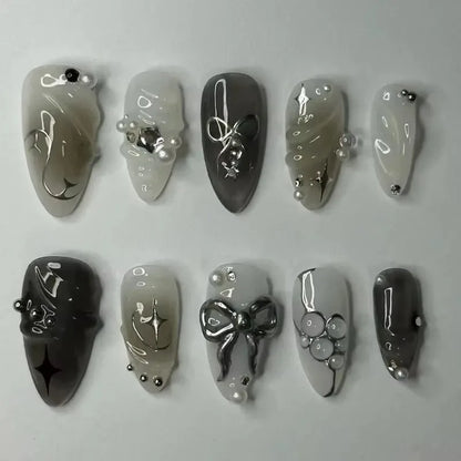 24Pcs False Nails Spicy Girl Silver Bow with Diamond Fake Nails with Glue Almond Press on Nails Black Cool Y2k Almond Nail Set Good Vibrations