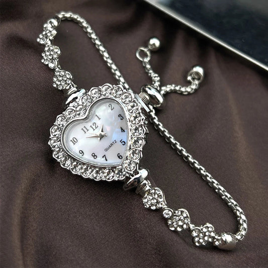 New Fashion Heart-shaped Ribbon-Strap Diamond-Studded Flower Watch for Women with Adjustable Bracelet Good Vibrations
