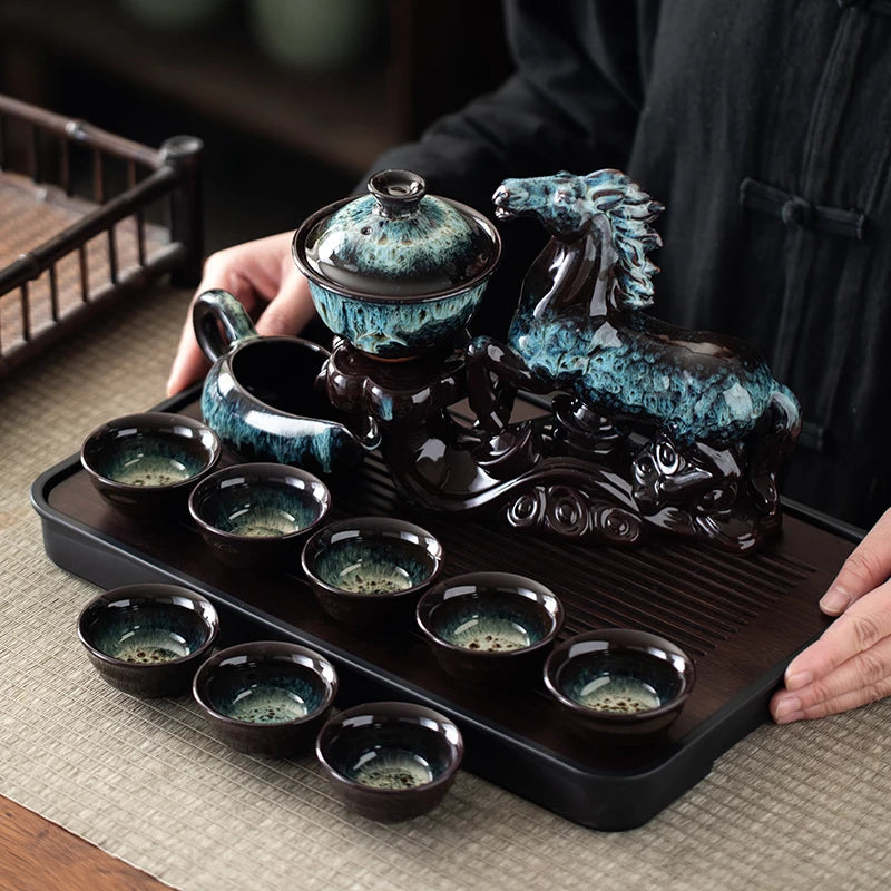1 set of creative lazy tea set, semi-automatic horse teapot, magnetic rotating water guide tea set, Chinese Kung Fu tea set Good Vibrations