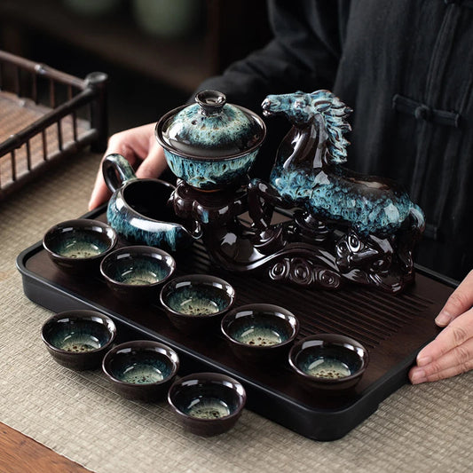 1 set of creative lazy tea set, semi-automatic horse teapot, magnetic rotating water guide tea set, Chinese Kung Fu tea set Good Vibrations