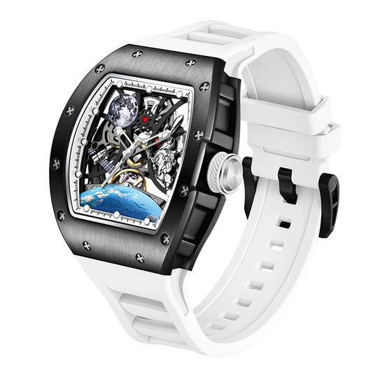 Men's Automatic Watches for Men Fashion Tonneau Mechanical Clock Earth Dial Waterproof Luxury Luminous Skeleton Mens WristWatch Good Vibrations