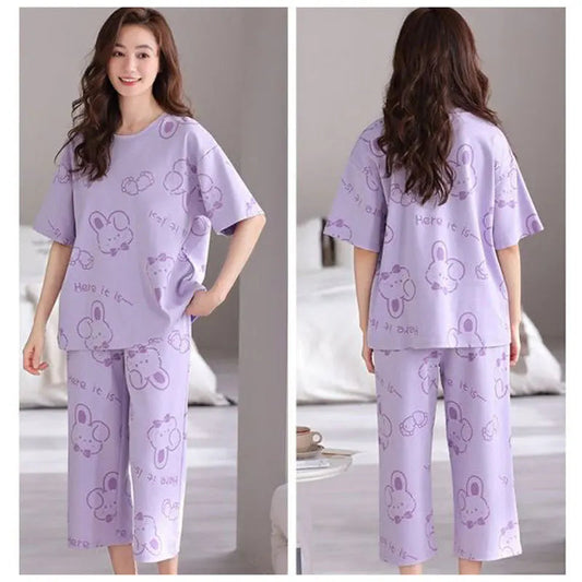 2-piece Set Women Cartoon Casual Homewear Clothes Girls Sleepwear Women Summer Short-sleeve Three-quarter Pants Pajama Set Good Vibrations