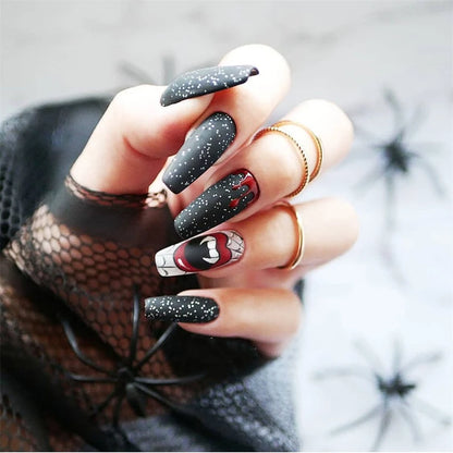 24Pcs/Set Long Ballet Fake Nail Art Halloween Pumpkin Head Artificial Acrylic Wearable Square Head Fake Nails Press on Nail Tips Good Vibrations