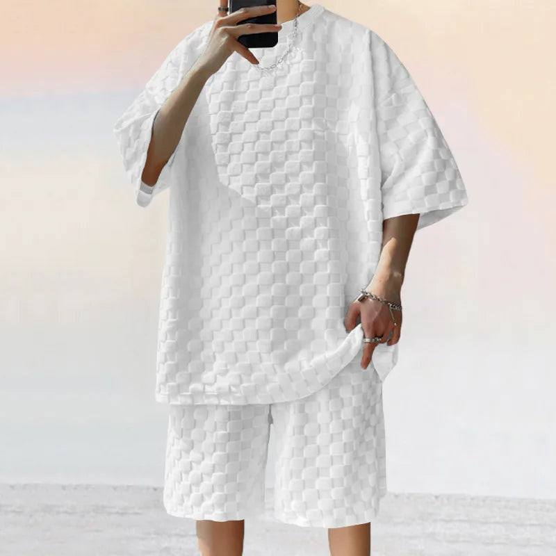 European and American Oversized Fashion Brand Men's Summer New Chessboard Plaid Loose Sports and Leisure Two-Piece Set Good Vibrations