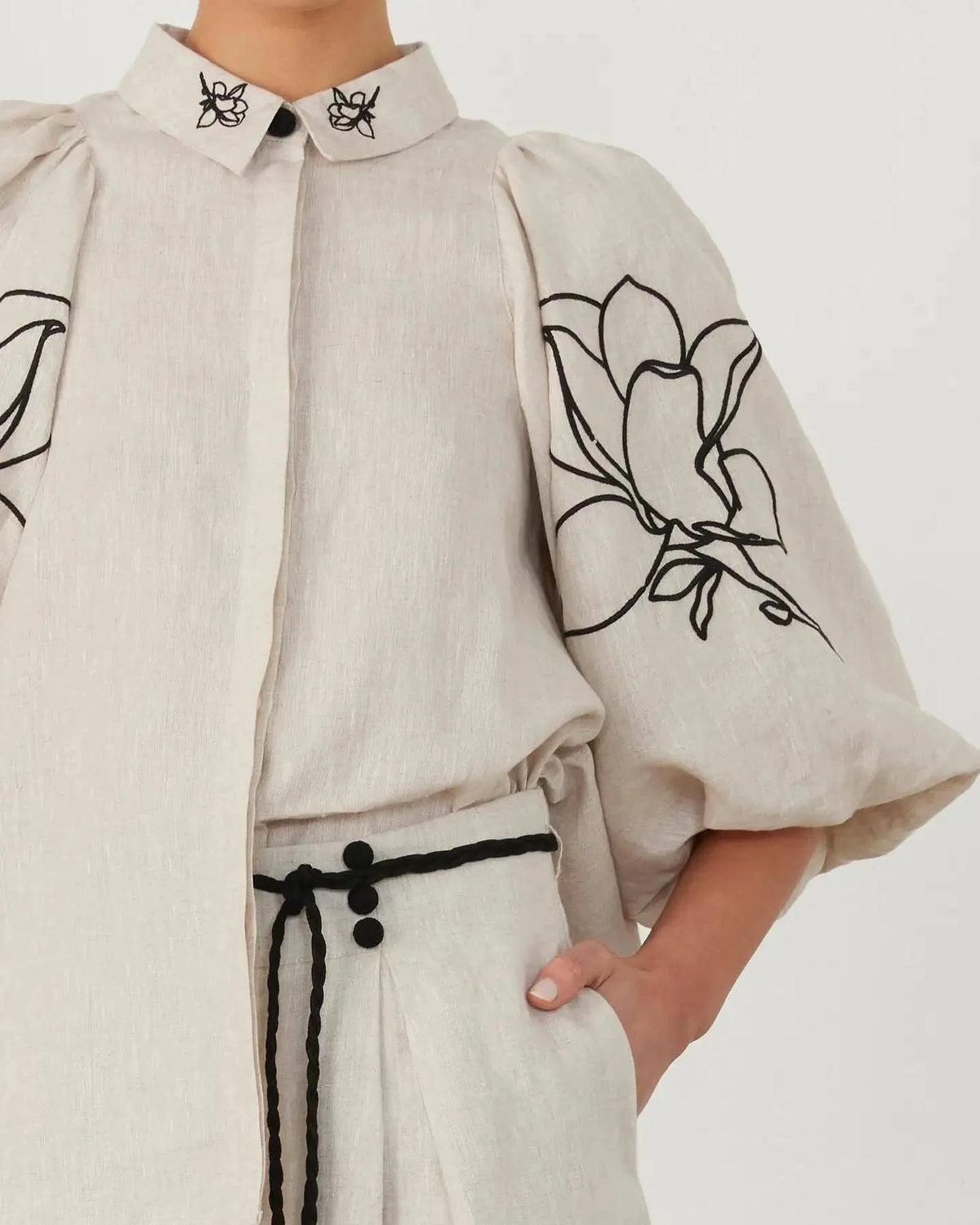 Women Lounge Sets Cotton Linen Stand Collar Lantern Sleeve Loose Flower Tops Wide Leg Oversize Pants Suit Casual Women Outfits Good Vibrations