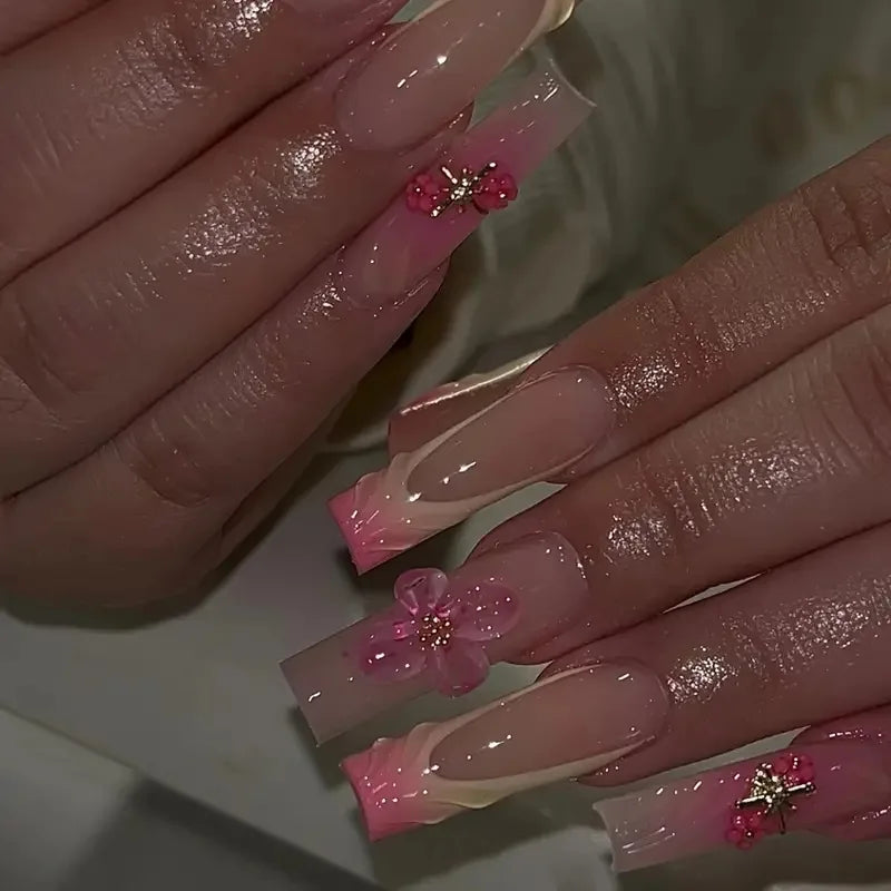 24Pcs Brown Long Coffin False Nails Glitter Ballet Wearable with French Design Fake nails Full Press on Nail Ins Nail Tips Art Good Vibrations