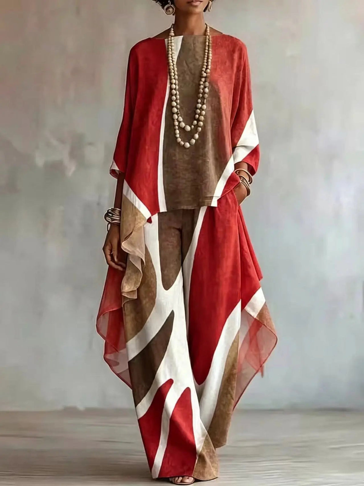Women 2 Piece Outfit Set Print Top & Wide Leg Pants Loose Casual Ladies Boho Matching Suit Autumn Fashion Elegant Sets New Good Vibrations