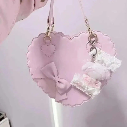 PU Heart Lolita Handbags Girls Bowknots Decor Japanese Shoulder Bags Two Sized Kawaii Shell Purses Cute Pink Messenger Bag Gifts Good Vibrations