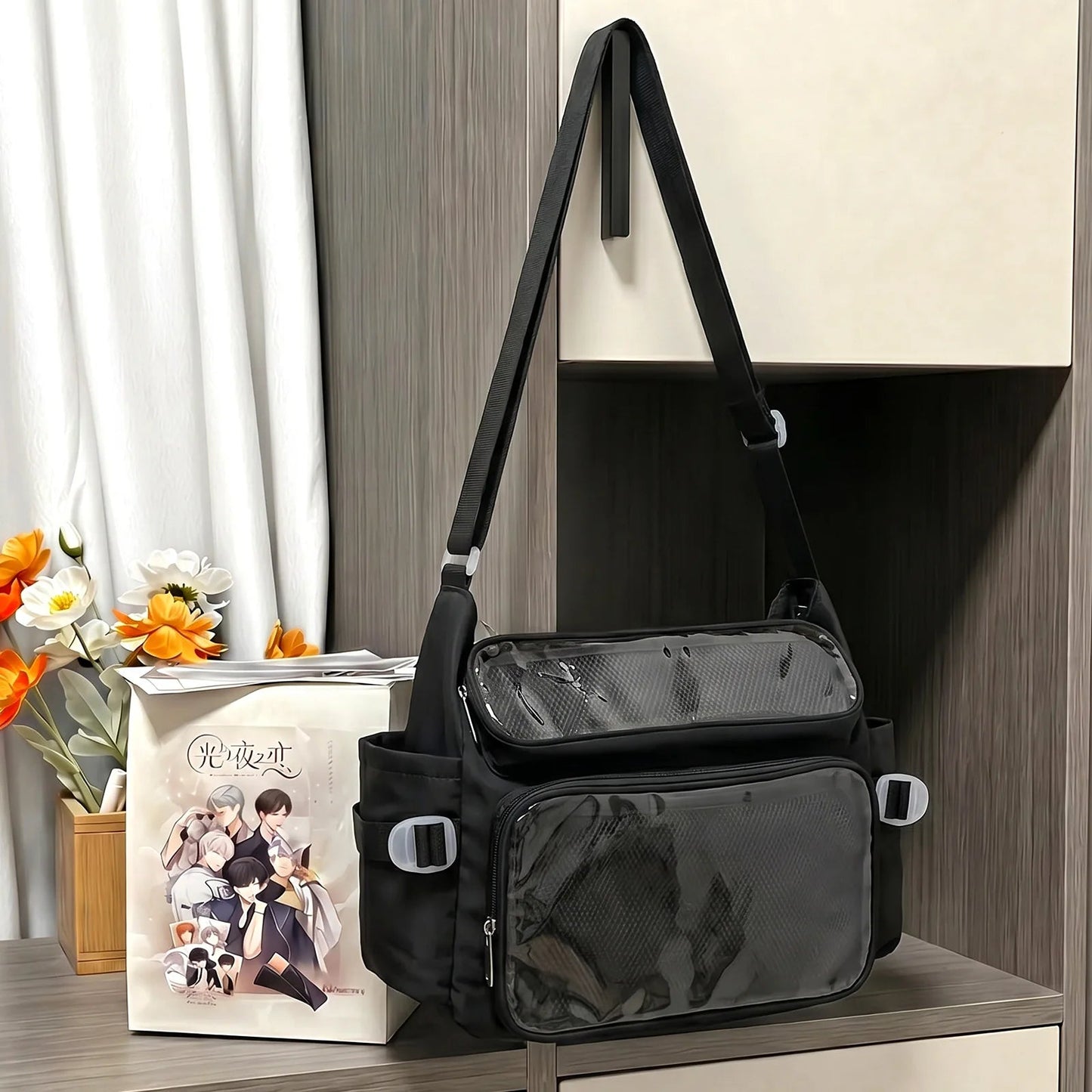 Academy Style Crossbody Bag Lightweight School Bag Adjustable Strap Clear Front Pocket for Daily Carry Good Vibrations