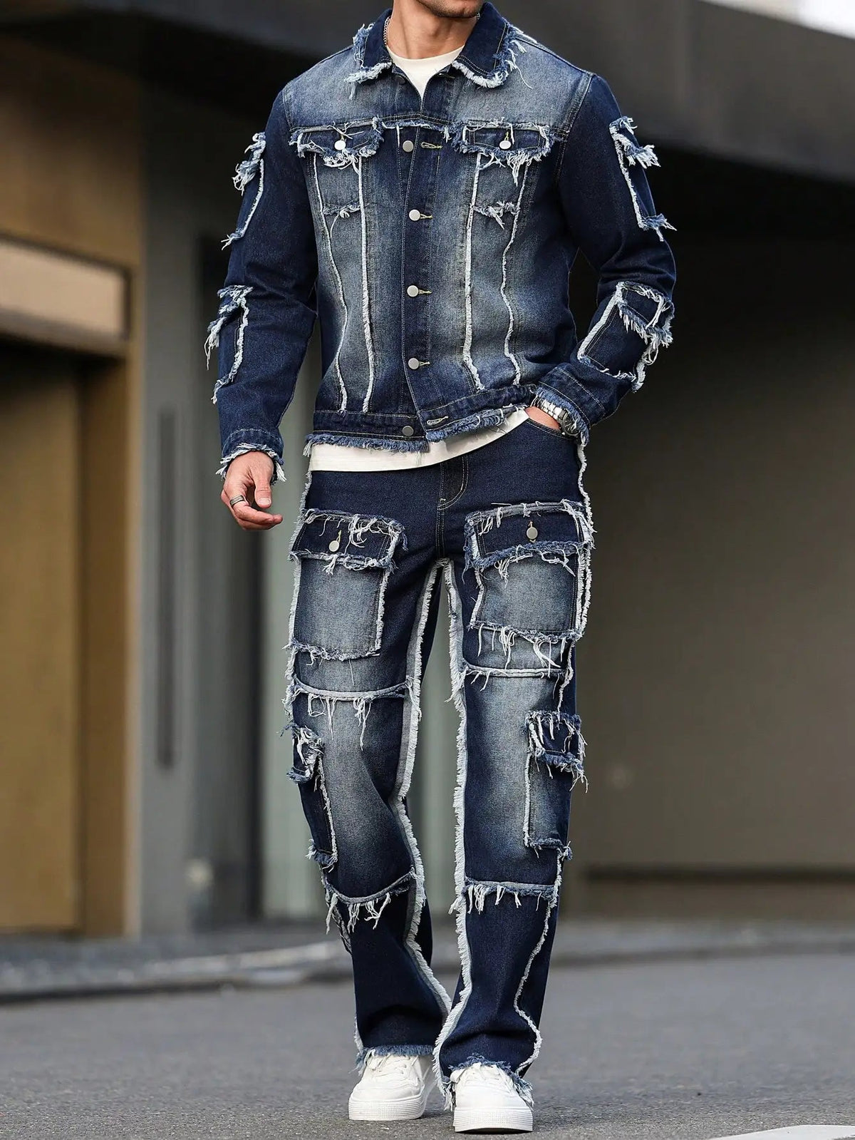 Men's spring and autumn denim suit, multi - pocket design, wide straight - leg pants style Good Vibrations
