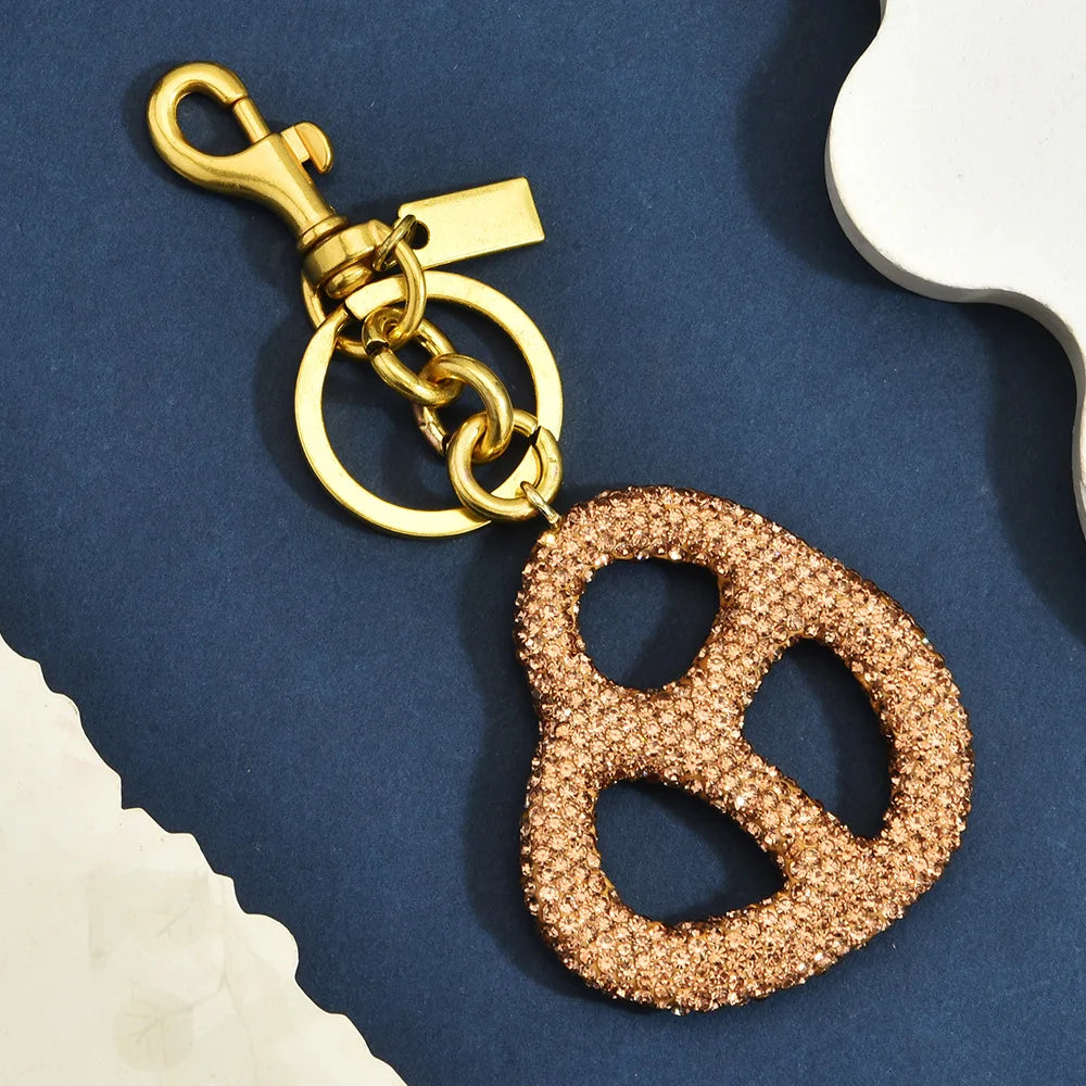 Rhinestone Pretzel Bag Charm Keychain Crystal Gold Hardware Sparkly Purse Pendant Accessory Cute Funny Foodie Gifts For Friends Good Vibrations