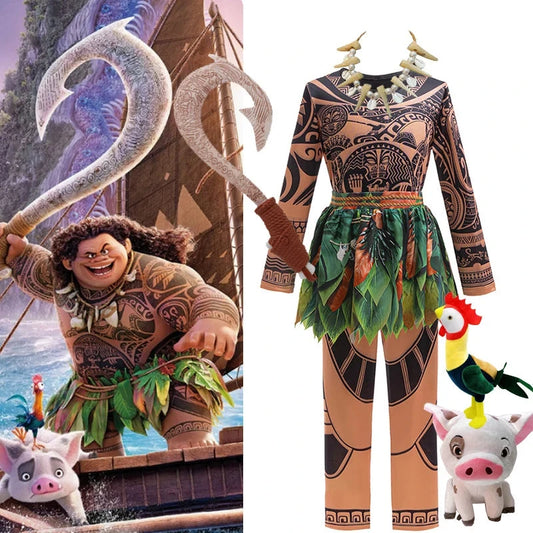 Disney Moana 2 Maui Cosplay Jumpsuits Tattoo Costume Boys Girls Maui Print Leaf Suits Movie Character Halloween Costume 2-10Yrs Good Vibrations