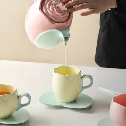 Tulip Luxury Ceramic Coffee Cup Saucer Set with Hand and Dish Milk Tea Cappuccino Tableware 280ml/320ml Birthday Couples Gifts Good Vibrations