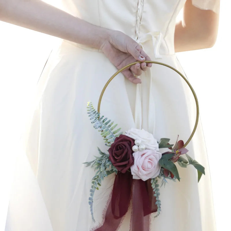 YeeNanee Wedding Gold Hoop Bouquet for Bridesmaids Floral Rose Eucalytpus Metal Ring Wreath Bridal Shower Ceremony Decoration Good Vibrations