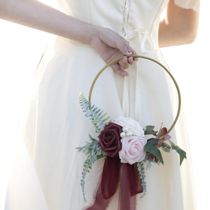 YeeNanee Wedding Gold Hoop Bouquet for Bridesmaids Floral Rose Eucalytpus Metal Ring Wreath Bridal Shower Ceremony Decoration Good Vibrations