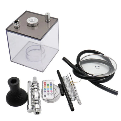 Acrylic smoking hookah kit with LED light, portable design, includes silicone hose and metal charcoal holder.