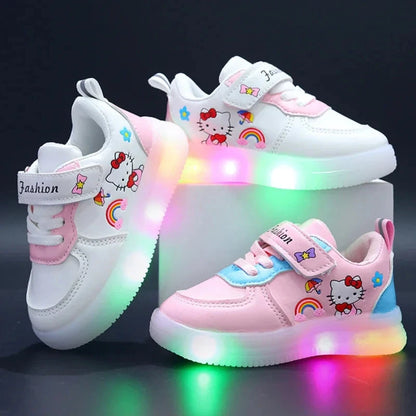 Sanrio LED Kids Shoes for Girls Cute Cartoon Hello Kitty Shoes Summer Girl Kawaii Shoes Soft Bottom Sneakers Casual Shoes Good Vibrations