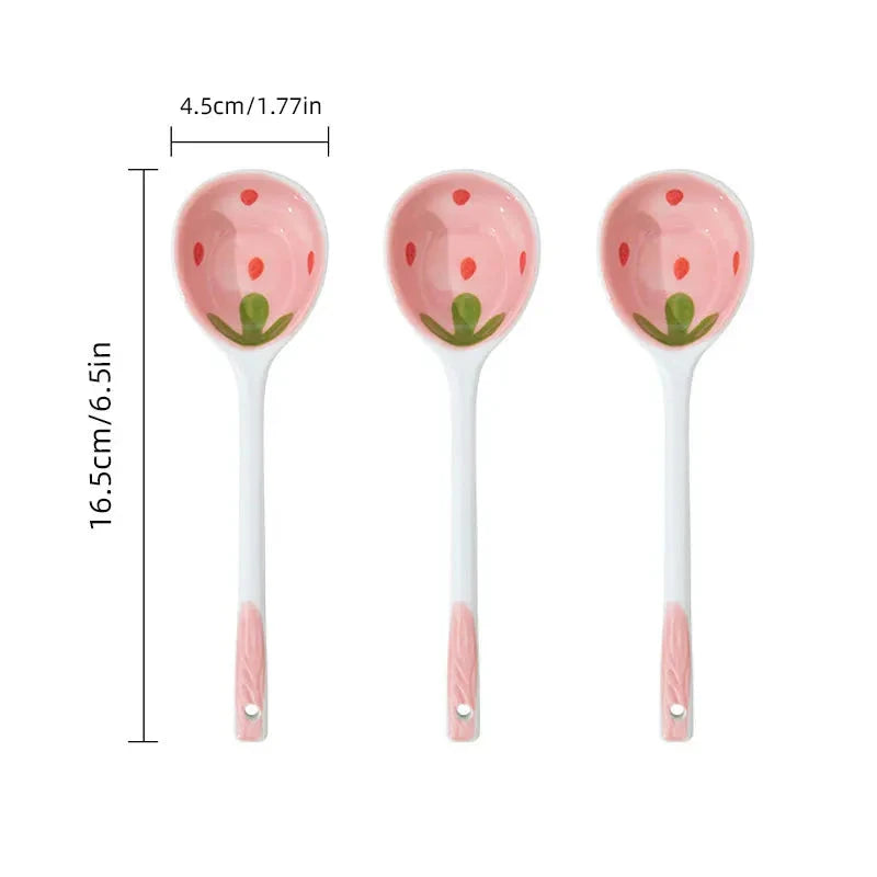 Kawaii Strawberry Ceramic Soup Spoon Cute Korean Ice Cream Hand Painted Coffee Dessert Long Handle Spoon Kitchen Accessories Good Vibrations