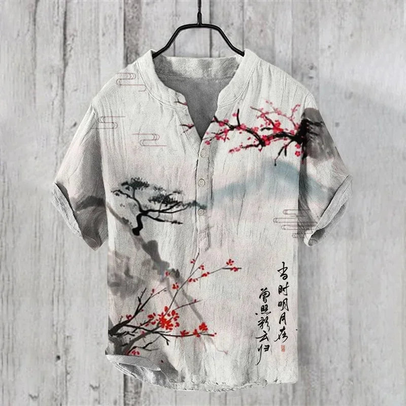 Henry Men's Casual Fashion Outdoor Seaside Men's Tops Shirt V-Neck Linen Shirt 2024 New Plus Size Good Vibrations
