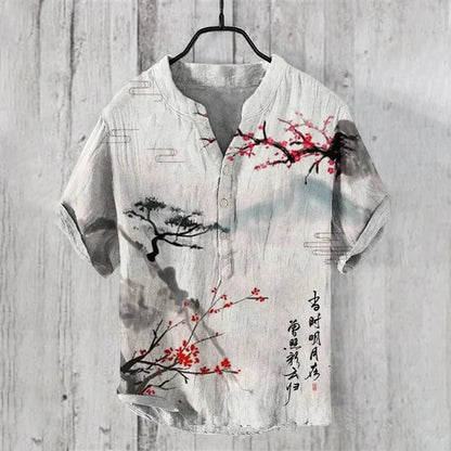 Henry Men's Casual Fashion Outdoor Seaside Men's Tops Shirt V-Neck Linen Shirt 2024 New Plus Size Good Vibrations