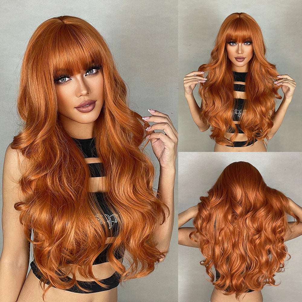 Ginger Orange Synthetic Wigs for Black Women Long Wavy Wigs with Bangs Cosplay Colored Hair Heat Resistant Body Wave Party Wig Good Vibrations