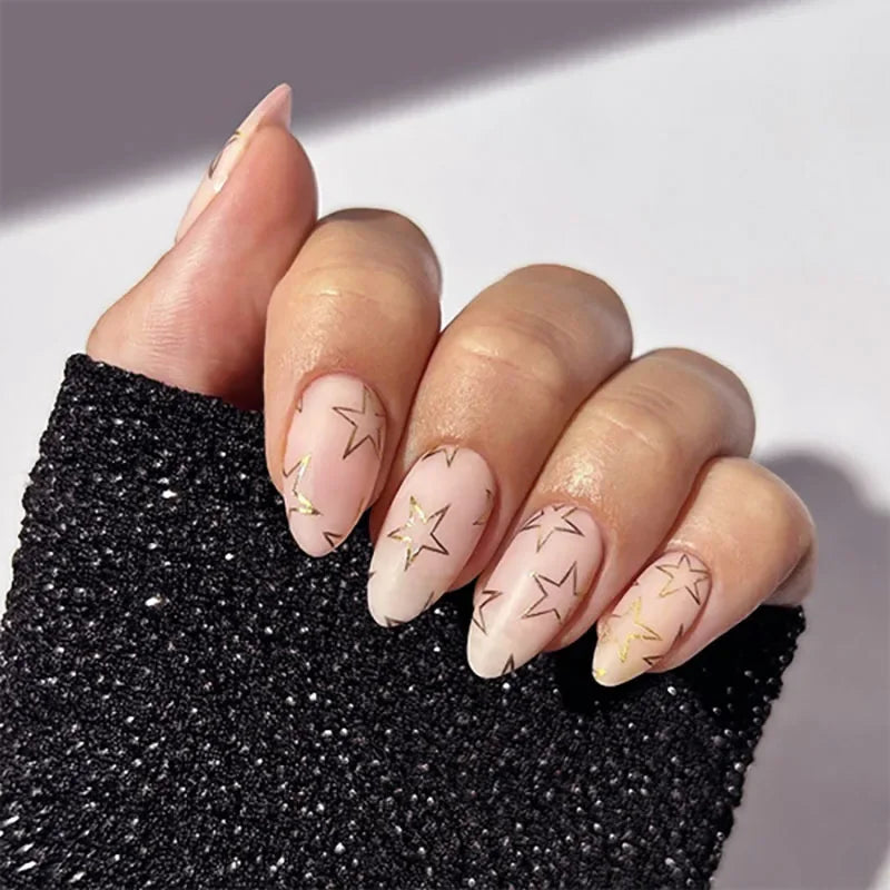 Pink Stars Nude Color Chic Delicate Wearable Nail Art Y2K Fashion Short False Nails Detachable Finished Fake Nails Press on Nail Good Vibrations