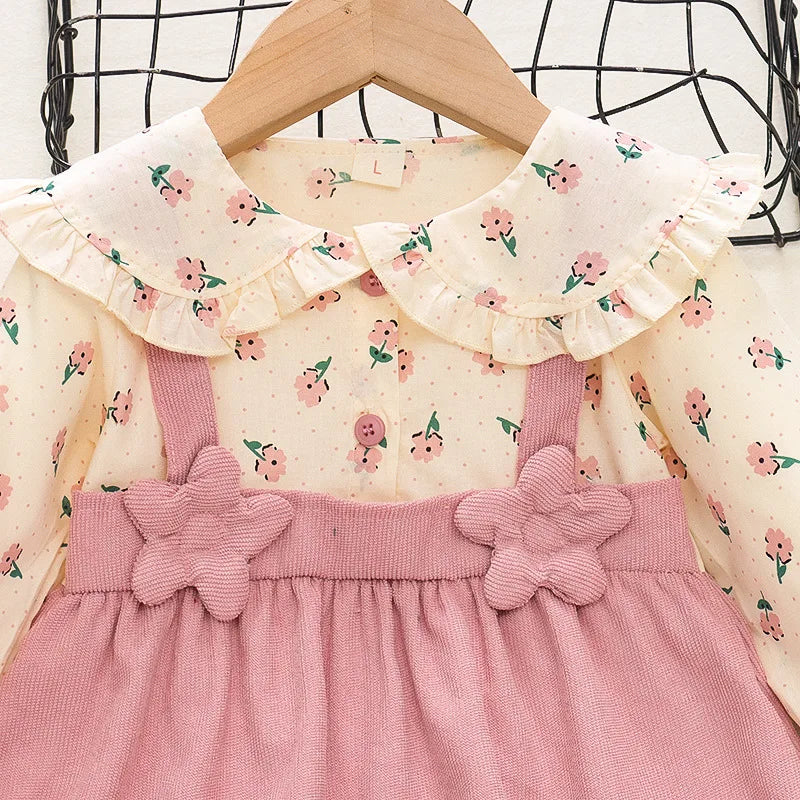 Spring And Autumn Girls' New Shoulder Strap Long Sleeve Dress, Baby Girl's Big Collar 3d Splicing Flower Sweet Children's Skirt Good Vibrations