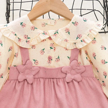Spring And Autumn Girls' New Shoulder Strap Long Sleeve Dress, Baby Girl's Big Collar 3d Splicing Flower Sweet Children's Skirt Good Vibrations