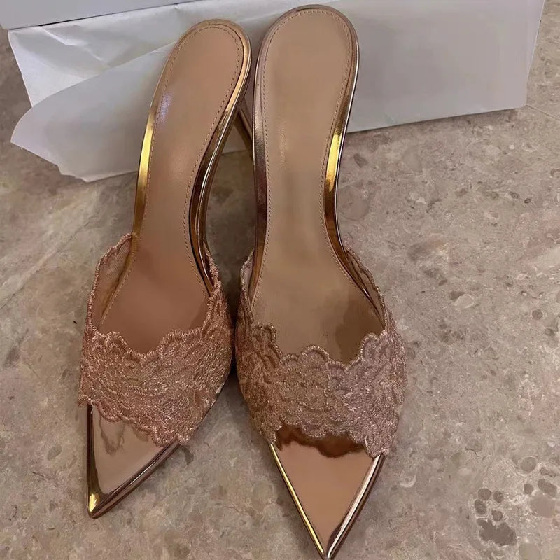 Women's High Heel Slippers Embroidery Lace Pointed Slippers Elegant Temperament High Heels Single Shoes for Women Banquet Pumps Good Vibrations