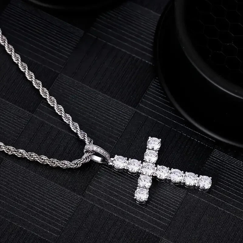 Iced Out Crystal Zircon Cross Pendant Necklace Silver Plated Twisted Chain Necklaces For Men Women Good Vibrations