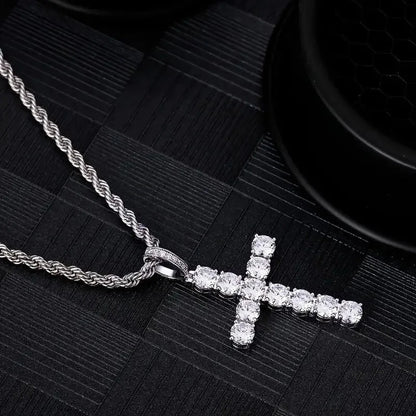 Iced Out Crystal Zircon Cross Pendant Necklace Silver Plated Twisted Chain Necklaces For Men Women Good Vibrations