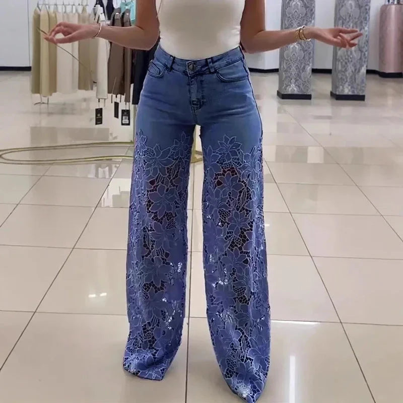 Ladies Sexy Lace Hollowed Out Jeans Summer Retro Solid Color Wide Leg Pant 2025 Casual Crochet Spliced High Waist Trousers New Good Vibrations