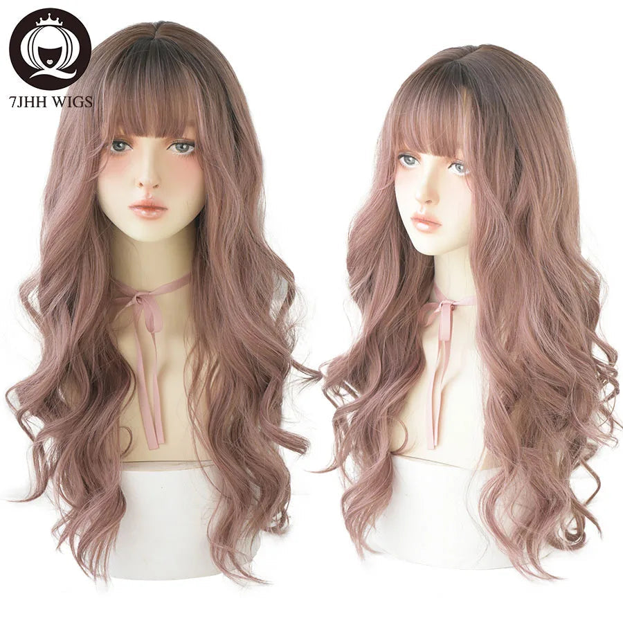 7JHHWIGS Long Wavy Synthetic Black Wigs For Women With Fringe Fashion Heat Resistant Mid-Length Daily Straight Light Brown Hair Good Vibrations