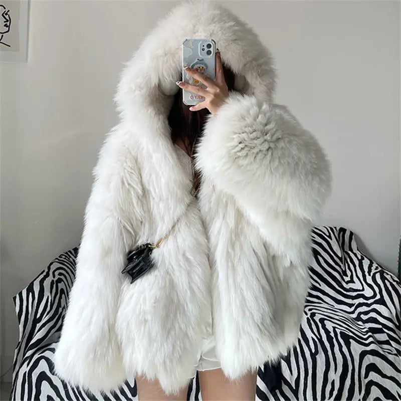 Faux Fur Jackets for Women Autumn Winter Short Bat Maxi Hooded Coats Warm Thick Coat Loose Open Stitch Jacket Y2k Streetwear Good Vibrations