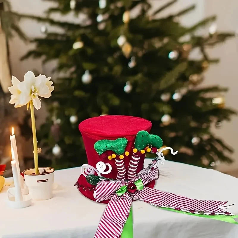 A Christmas tree hat, red and green elf leg hat, sequined striped bow tree hat, perfect for Christmas tree decoration Good Vibrations