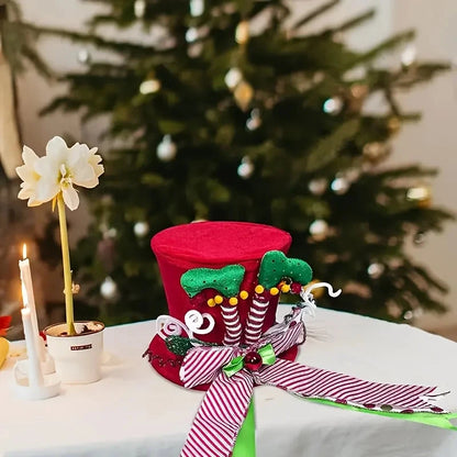 A Christmas tree hat, red and green elf leg hat, sequined striped bow tree hat, perfect for Christmas tree decoration Good Vibrations