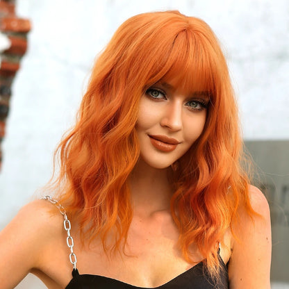 Synthetic Orange Cosplay Wig with Bangs for Women Shoulder Long Curly Copper Ginger Wigs Natural Heat Resistant Halloween Hair Good Vibrations