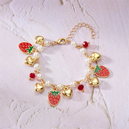 Charm Red Strawberry Bracelet for Women Cute Cherry Heart Shape Fruit Pearl Metal Chain Wristband Girls Party Friendship Jewelry Good Vibrations
