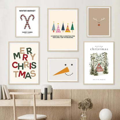 Christmas Tree Santa Claus Snowman Reindeer Posters Prints Canvas Printing Wall Art Pictures for Holiday Living Room Home Decor Good Vibrations
