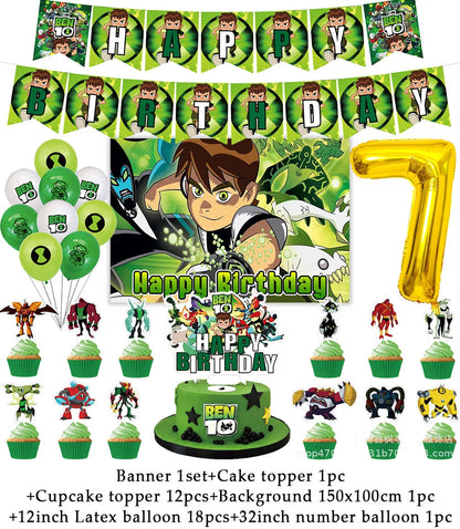 Cartoon Ben-10 Birthday Party Decoration Balloons Favor Set Banner Cake Toppers Baby Shower Boys Gift Party Supplies Photo Prop Good Vibrations