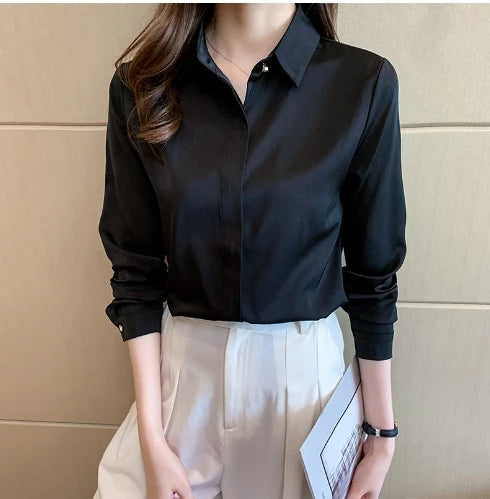 Red Women Shirt New Korean Fashion Women Clothing OL Satin Blouse for Women Long Sleeved Women's Shirt Basic Elegant Women Tops Good Vibrations