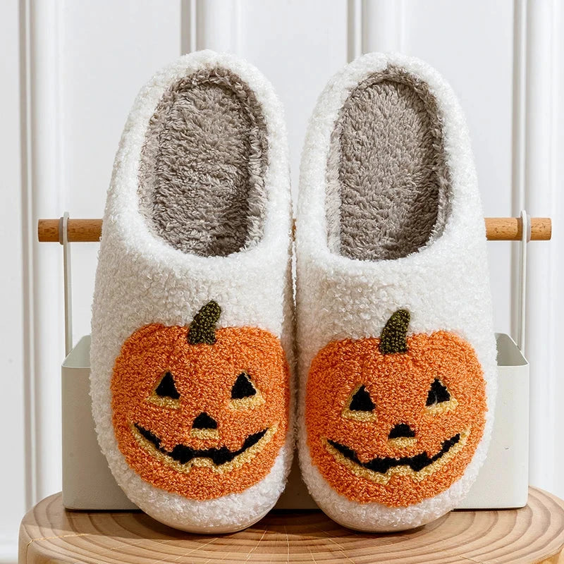Smile Pumpkin Halloween Women's Slippers Winter Indoor Cartoon Comfort Home Bedroom Soft Causal Flat Plush Shoes for Gift Good Vibrations