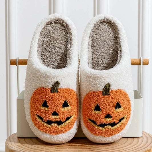 Smile Pumpkin Halloween Women's Slippers Winter Indoor Cartoon Comfort Home Bedroom Soft Causal Flat Plush Shoes for Gift Good Vibrations
