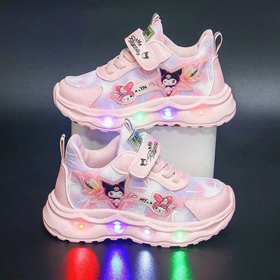 2025 New Light Up Girls Running Shoes Cartoon Leather Waterproof Breathable Anti Slip Trendy Kids Sneakers