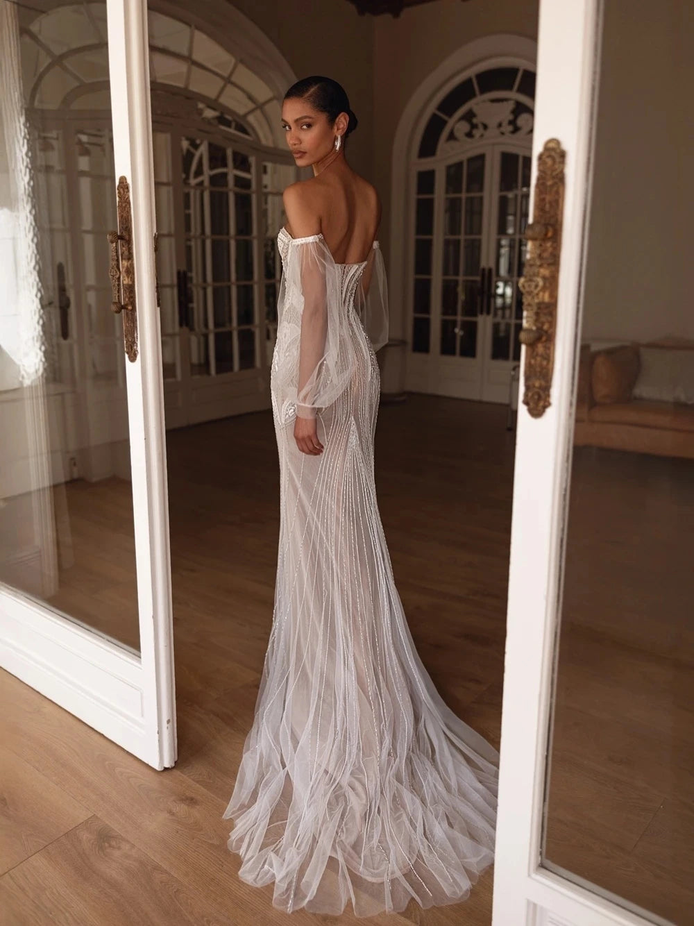 Luxury Beaded Mermaid Wedding Dress, Off-the-Shoulder Detachable Sleeves, Sheer Illusion Bodice, Illusion Delicate Bridal Gown Good Vibrations