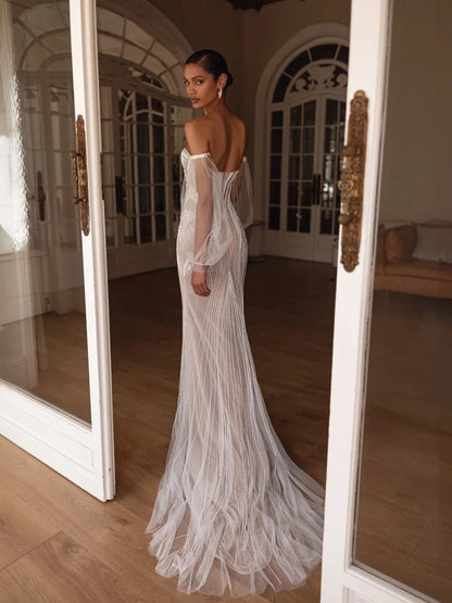 Luxury Beaded Mermaid Wedding Dress, Off-the-Shoulder Detachable Sleeves, Sheer Illusion Bodice, Illusion Delicate Bridal Gown Good Vibrations