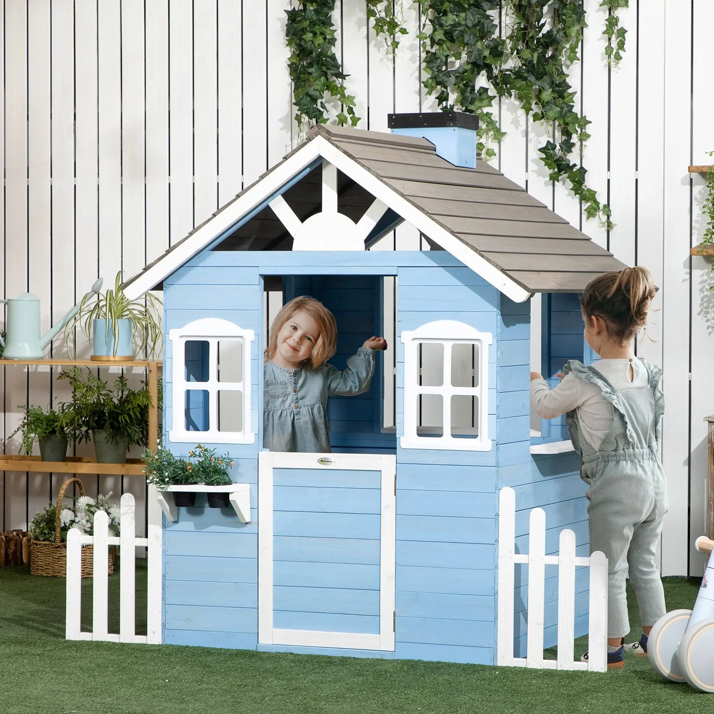 Wooden Playhouse for Kids Outdoor with Flower Pot Holders, Door, Windows, Service Stations for 3-7 Years, Blue Good Vibrations