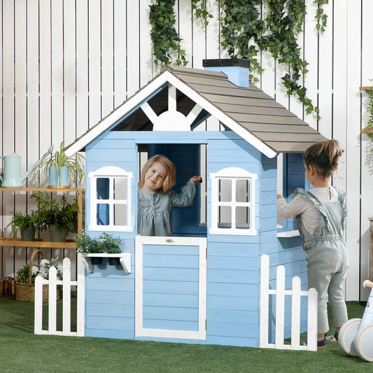 Wooden Playhouse for Kids Outdoor with Flower Pot Holders, Door, Windows, Service Stations for 3-7 Years, Blue Good Vibrations