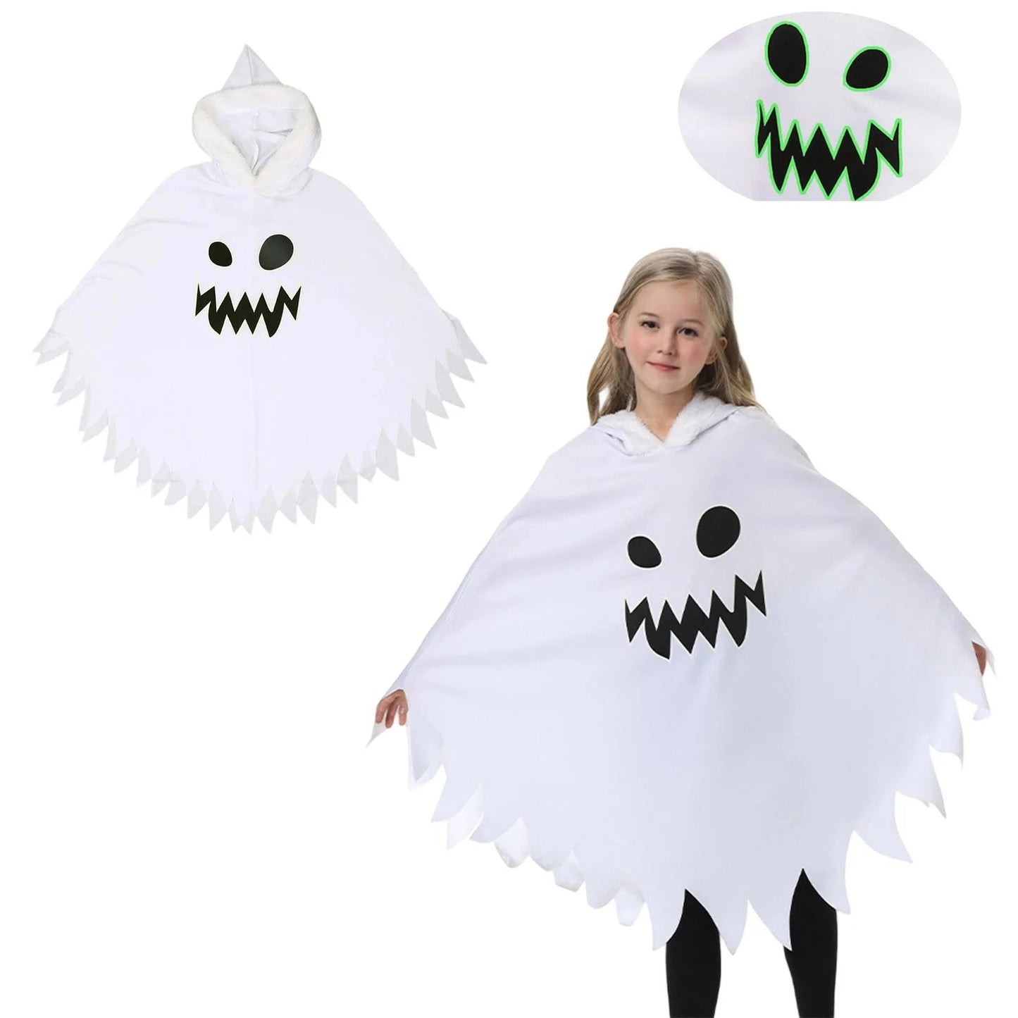 Halloween Kids Cosplay Costume White Black Luminous Ghost Luminous Face Cape Shawl Party Dress-Up Costume Boys Cape Girl Skirt Good Vibrations